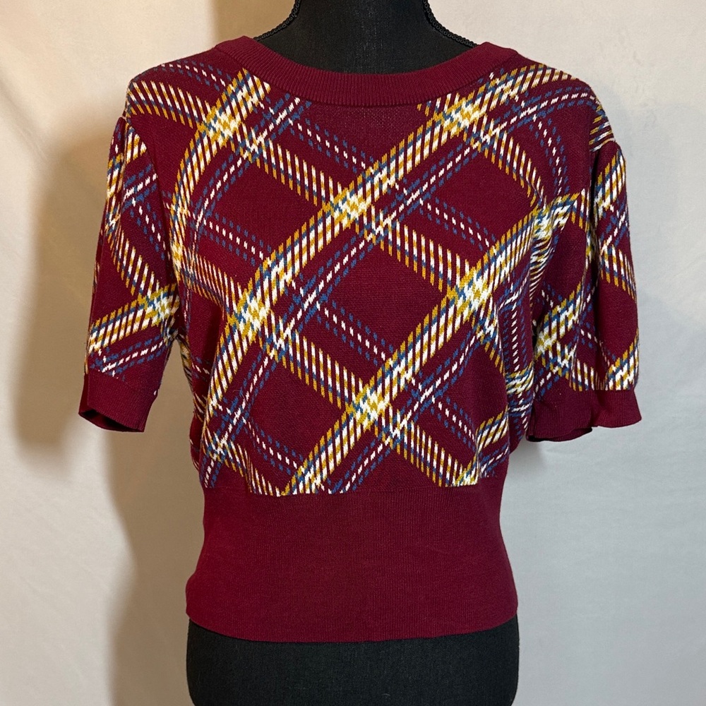 Unique Vintage Burgundy Plaid Short Sleeve Sweater Size XL/14